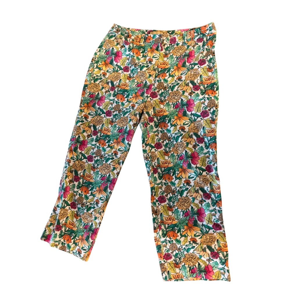 Kate Hill Casual Floral Corduroy Pants Womens Size 14 Straight Leg Multicolor
